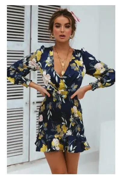 V-Neck Printed Dress with Cross Elastic Waist