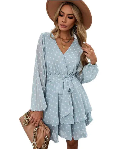 Deep V Neck Elastic Waist Dress with Mesh Panels